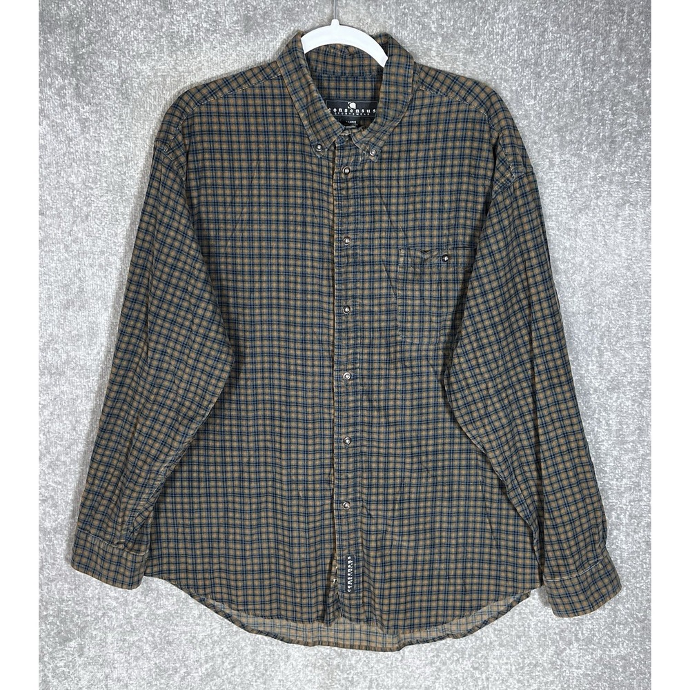 Consensus Sportswear Brushed Corduroy Button Down Shirt Mens Size XL Blue Brown